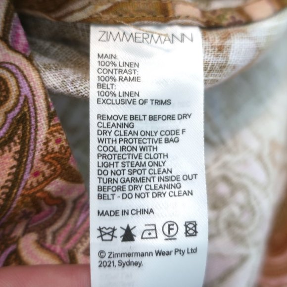 ZIMMERMANN CONCERT BELTED JUMPSUIT MULTICOLOR PAISLEY PRINT LINEN SIZE 1 - Picture 7 of 7
